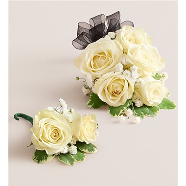 White Spray Corsage & Bout -Black Bow