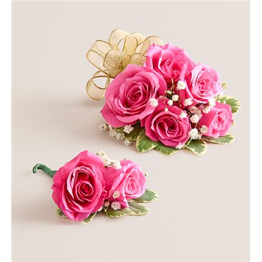 Hot Pink Spray Corsage & Bout -Gold Bow