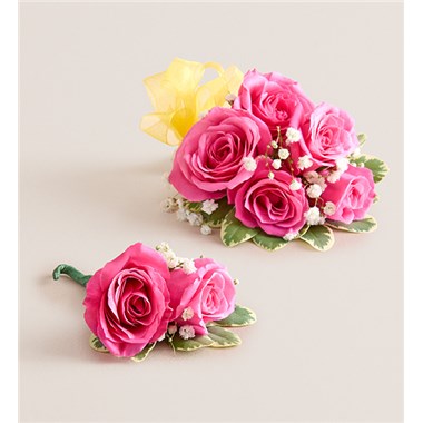 Hot Pink Spray Corsage & Bout -Yellow Bow