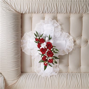 Red & White Satin Cross Casket Pillow